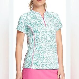Lady Hagen Women's Tropical Linear Palm Golf Polo Green White Pink Size XS